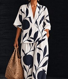 abordables -Femmes Chemise Ensembles en coton et lin Ensembles de Pantalons Manche Courte Col en V Fleuri Graphique Géométrique Imprimé Vacances Mode Streetwear Occasionnel Quotidien Extérieur Noir Blanche