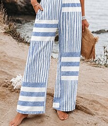abordables -Pantalones chinos de mujer con textura de gofre, pierna ancha, básicos, de largo completo, cintura media, estampado de rayas, cómodos, inelásticos, azules, de verano y primavera, corte holgado.