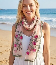 abordables -Écharpe bohème brodée de fleurs pour femme - châle léger et respirant en polyester multicolore, cadeau idéal pour la fête des mères, les vacances à la plage ou au quotidien. &protection solaire