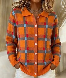 baratos -Mulheres Suéter Carregam Elegante Moda Roupa de rua Côr Sólida Xadrez Colarinho de Camisa Patchwork Botões Tricotado Manga Longa Tops regulares Tricotar Diário Casa Ao ar livre Azul Verde Claro