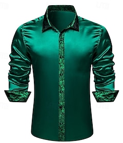 Men's Shirt Silk Like Satin Shirt Casual Shirt Button Up Shirt Prom Shirt  Plain Formal Wedding Green Long Sleeve Lapel Spring & Fall All Seasons  Clothing Apparel Patchwork 2026 - $28.99