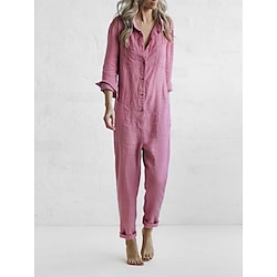 Light in the box Dames Normaal Jumpsuit Basic Effen Kleur Lange mouw Overhemdkraag Knoop voorzijde Huis Reizen Normale pasvorm Blozend Roze Groen Zomer