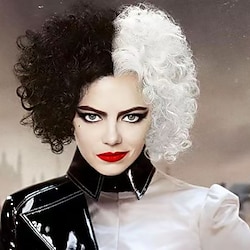 101 dalmatiërs cruella de vil cosplay pruiken vrouwen middelste deel 12 inch hittebestendige vezel krullend zwart wit volwassenen tiener anime pruik carnaval pruiken Lightinthebox