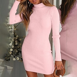 Light in the box dames truijurk winterjurk bodycon mini-jurk wit roze paars lange mouw pure kleur ruches herfst winter herfst coltrui casual herfstjurk slank 