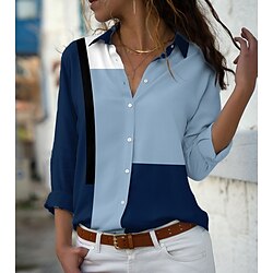Image of Per donna Geometrica Blusa Camicia Color Block Pulsante Stampa Colletto Informale Streetwear Top Blu / Stampa 3D Lightinthebox