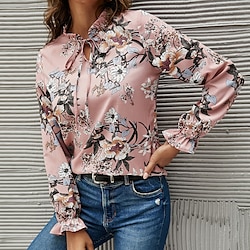 Dames Bloemen Thema Blouse Overhemd Bloemig Veters Afdrukken Opstaande boord Casual Streetwear Tops 