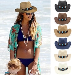 Image of cappello da cowboy bianco nero cappello di paglia panama jazz cappello di paglia per vacanze estive cappello da spiaggia donna uomo moda cappello da sole all'aperto Lightinthebox