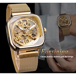 Forsining Golden Men Automatic Watch Square Skeleton Mesh Steel Band Mechanical Business Clock Relogio Masculino