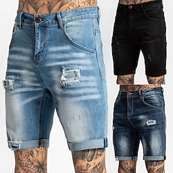 Image of Per uomo Jeans Pantaloncini di jeans Tasche Strappato Gamba dritta Tinta unita Comfort Indossabile Esterno Giornaliero Moda Informale Nero Blu scuro Lightinthebox