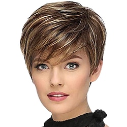 Image of parrucche naturali a caschetto corto con taglio pixie per donne nere, capelli lisci colorati con frangia, capelli brasiliani naturali Lightinthebox