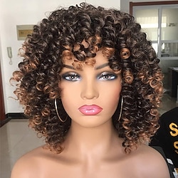 korte krullende pruik voor zwarte vrouwen met pony grote bouncy pluizige kinky krullende pruik hittebestendige zachte synthetische 2tone ombre donkerbruine korte krullende afro pruik Lightinthebox