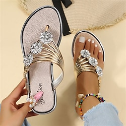 Image of Per donna Pantofole Infradito Scarpe Bling Bling Boho Pantofole da esterno Esterno Spiaggia Tinta unica Estate Con diamantini Piatto Elegante Informale Similpelle Mocassino Argento Nero Oro Lightinthebox