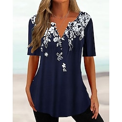 Image of Per donna maglietta Camicia Henley Floreale Per eventi Fine settimana Nero Bianco Blu marino Pulsante Stampa Manica corta Tuniche Essenziale Rotonda Standard Lightinthebox