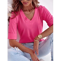 Image of Per donna maglietta Liscio Giornaliero Fine settimana Nero Bianco Rosa Manica lunga Essenziale Neon e luminoso A V Standard Autunno inverno Lightinthebox
