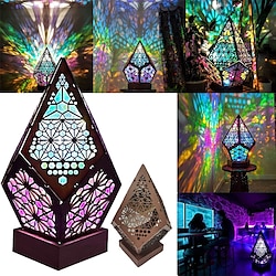 Wooden Bohemian Floor Lamp, USB Charging Hollow Geometric Colorful Lamp Retro Bohemian Light Lamp, LED Colorful Diamond Shaped Lights 3D Projection Night Lamp Desk Lamp Home Decor
