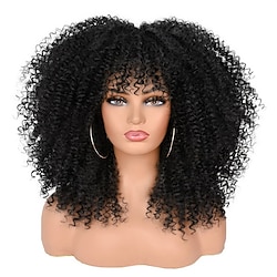 16 inch gekrulde pruiken voor zwarte vrouwen zwarte afro bom krullende pruik met pony synthetische vezels lijmloos lang kinky krullend haar Lightinthebox