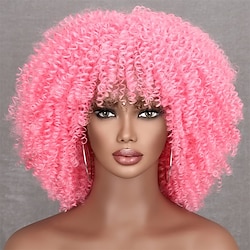 lichtroze krullende pruiken voor zwarte vrouwen korte afro krullende pruiken met pony synthetische vezel afro kinky pruiken korte krullende roze pruik voor dagelijks gebruik Lightinthebox