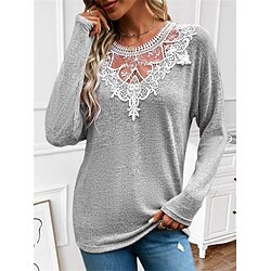 Women's T shirt Tee Gray Plain Lace Long Sleeve Daily Weekend Fashion Round Neck Regular Fit Spring 