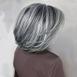 silvergrå lager bob peruk med gardin lugg för kvinnor syntetisk ljusgrå ombre highlight bob peruk kort pixie cut lager vågig peruk för svarta kvinnor miniinthebox