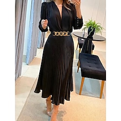 Women's Party Dress Casual Dress Satin Maxi Long Dress Maxi Dress Black Long Sleeve Plain plain color Pleated Button Belted Summer Spring Fall Deep V Elegant Party Fashion Party Birthday Evening Party