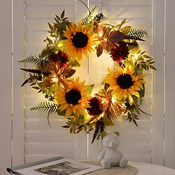 konstgjord solros sommarkrans med ljus dekorativ falsk blomsterkrans med gul solros och gröna blad för ytterdörren inomhus väggdekor miniinthebox