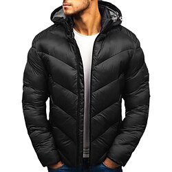 Men's Puffer Jacket Zipper Pocket Hoodie Office  Career Date Casual Daily Outdoor Casual Sports Winter Plain Black Red Royal Blue Puffer Jacket