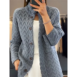 Women's Cardigan Stand Collar Cable Knit Button Knitted Fall Winter Outdoor Daily Going out Vintage Fashion Casual Long Sleeve Solid Color Blue Camel