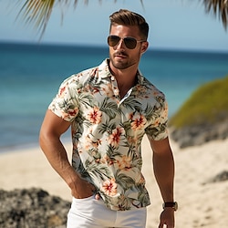 Floral Casual Men's Short Sleeve Outdoor Hawaiian Daily Wear Autumn / Fall 3D Print Turndown White Micro-elastic Polyester