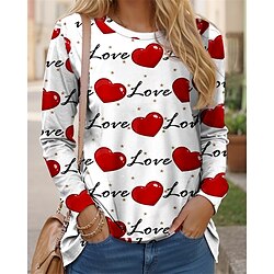 Women's T shirt Tee Heart Valentine Weekend Red Blue Purple Print Long Sleeve Fashion Round Neck Regular Fit Spring   Fall