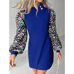 Women's Sequin Dress Party Dress Blue Dress Cocktail Dress Mini Dress Black Wine Blue Long Sleeve Color Block Sequins Summer Spring Fall Stand Collar Elegant Wedding Guest