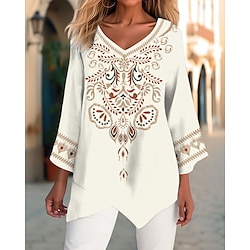 Women's Shirt Blouse Print Asymmetric Hem Casual Fashion Long Sleeve V Neck White Spring   Fall