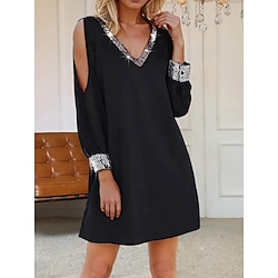 Women's Black Dress Sequin Dress Party Dress Sequins Patchwork V Neck Long Sleeve Mini Dress Wedding Guest Cocktail Party Black Spring Fall