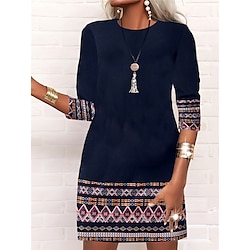 Women's Work Dress Casual Dress Fashion Winter Dress Daily Mini Dress Print Crew Neck Long Sleeve Color Block Tribal Loose Fit Black Red Navy Blue Fall Winter S M L XL XXL