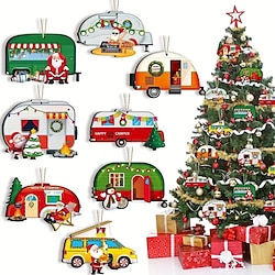 24pcs Happy Camper Christmas Ornaments Caravan Wooden Christmas Tree Decoration Vintage Santa Claus RV Trailer Hanging Ornaments For Holiday Home Party Crafts Scene Decor Room Decor Home Decor Window Decor Pendant Holiday Party Decor (With Rope)