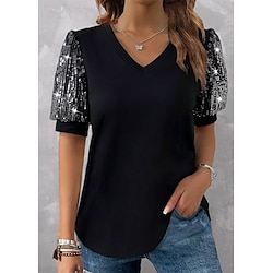 Women's T shirt Tee Sparkly Sequins Party Weekend Fashion Short Sleeve V Neck Black Spring  Summer