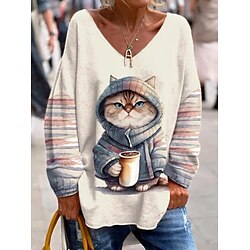 Christmas Sweatshirt Women's Sweatshirt Pullover Cat Casual Sports Print Pink Red Blue Sportswear Funny Loose Fit V Neck Long Sleeve Top Micro-elastic Fall  Winter