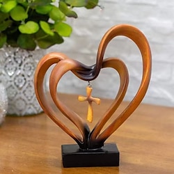 Intertwined Hearts Resin Sculpture, Resin Sculpture Jesus Intertwined Hearts Cross Decor Statue Home Office, Valentine's Day Gift