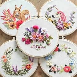 Embroidery Kits DIY Embroidery Starter Kit with Plant Flower Pattern Bamboo Embroidery Hoop Color Threads Cross Stitch Kit