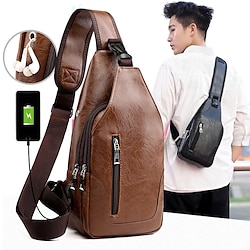 Men's Crossbody Bag Shoulder Bag Chest Bag Leather Outdoor Daily Holiday Zipper Large Capacity Waterproof Lightweight Solid Color Dark Brown Black Brown