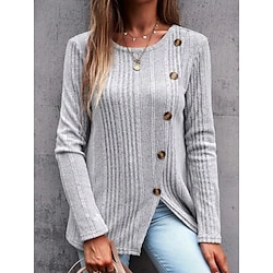 Women's T shirt Tee Plain Daily Weekend Gray Button Long Sleeve Fashion Round Neck Regular Fit Fall  Winter