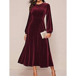 Women's Plus Size Velvet Dress Party Dress Cocktail Dress Velvet Patchwork Crew Neck Long Sleeve Midi Dress Wedding Guest Birthday Wine Dark Green Spring Fall