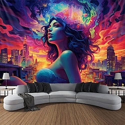 Blacklight Tapestry UV Reactive Glow in the Dark Trippy Fantasy Woman Misty Nature Landscape Hanging Tapestry Wall Art Mural for Living Room Bedroom