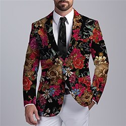 Floral Skeleton Business Gothic Men's Coat Blazer Work Wear to work Going out Fall  Winter Turndown Long Sleeve Red Blue Green S M L Polyester Weaving Jacket