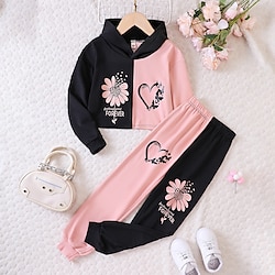 2 Pieces Kids Girls' Graphic Pants Suit Set Long Sleeve Active School 7-13 Years Spring Black