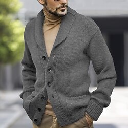 Men's Cardigan Sweater Cropped Sweater Ribbed Cable Knit Regular Button Up Side Pockets Plain Lapel Vintage Warm Ups Casual Daily Wear Clothing Apparel Fall Winter Black Green M L XL