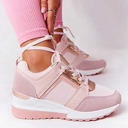Women's Sneakers Plus Size Platform Sneakers Outdoor Daily Travel Color Block Platform Wedge Heel Round Toe Fashion Sporty Casual Walking Faux Leather Lace-up Pink Light Grey Khaki