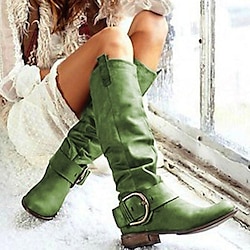 Women's Green Faux Leather Slouchy Western Boots with Buckle Detail - Knee-High Cowboy Style Boots for Casual and Boho Chic Outfits