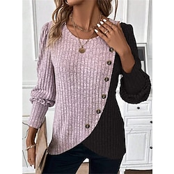 Women's Shirt Blouse Color Block Casual Pink Blue Gray Button Long Sleeve Fashion Round Neck Regular Fit Fall  Winter