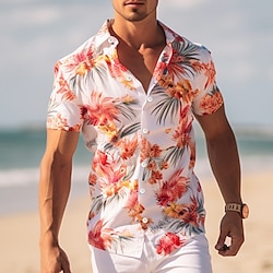 Floral Casual Men's Shirt Outdoor Street Casual Daily Fall Turndown Short Sleeve Pink S M L Shirt