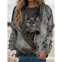 Women's Sweatshirt Pullover Cat Casual Sports Print Blue Brown Gray Sportswear Funny Round Neck Long Sleeve Top Micro-elastic Fall  Winter